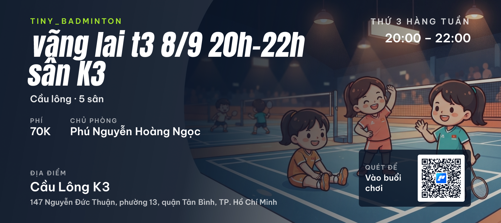 vãng lai t3 8/9 20h-22h sân K3
